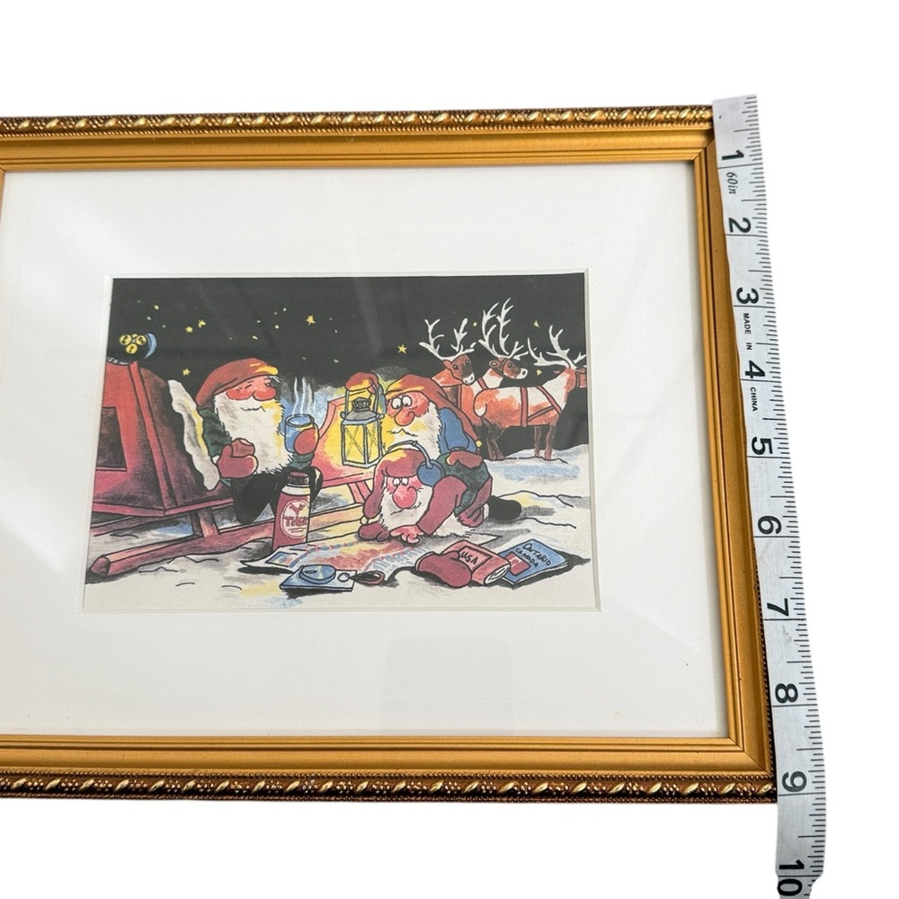 Santa Clause & His Elves Wall Decor Re-Drawn Painted Gold Frames Set of 3 - Picture 7 of 16